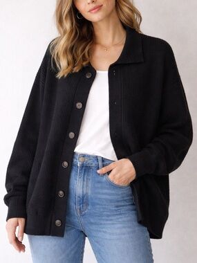 Classic Black Button-Front Ribbed Cardigan Sweater